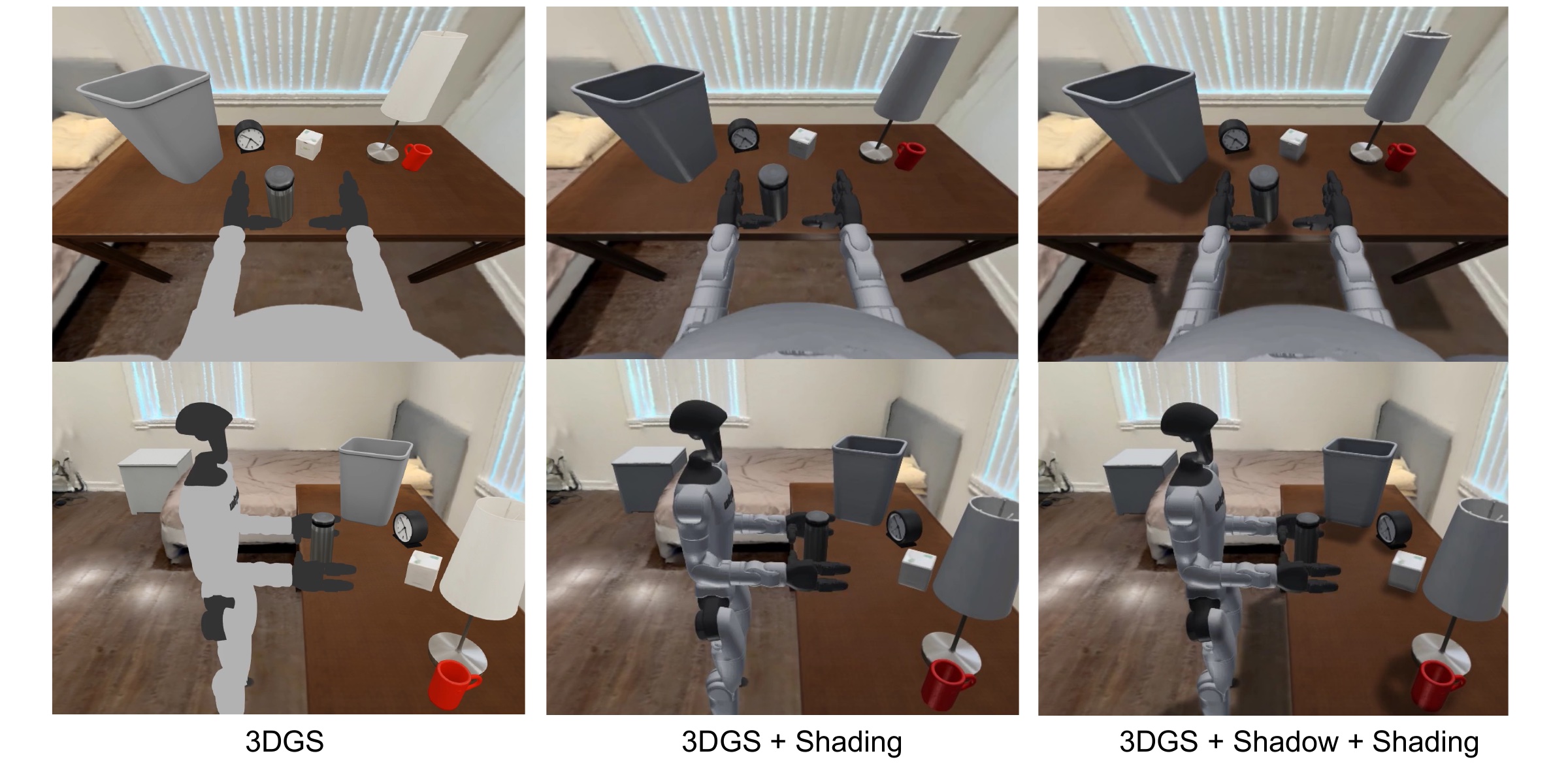 Per-Gaussian dynamic shading and cast shadows comparison: 3DGS only, +Shading, +Shadow+Shading